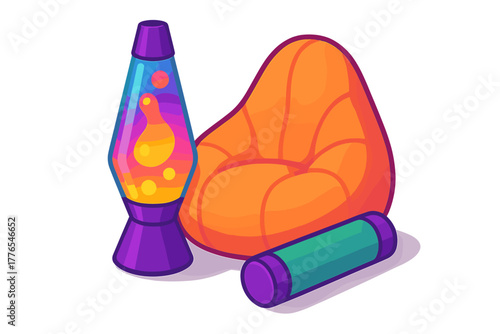 Colorful lava lamp next to an orange bean bag chair and a green bolster pillow