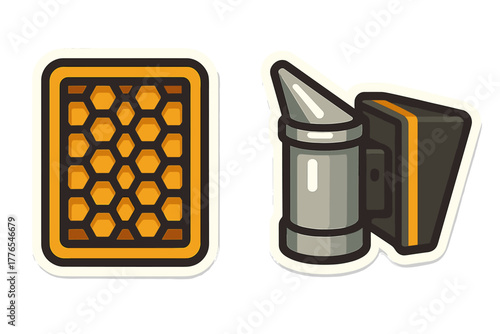Beekeeping essential tools showing honeycomb frame and traditional bee smoker