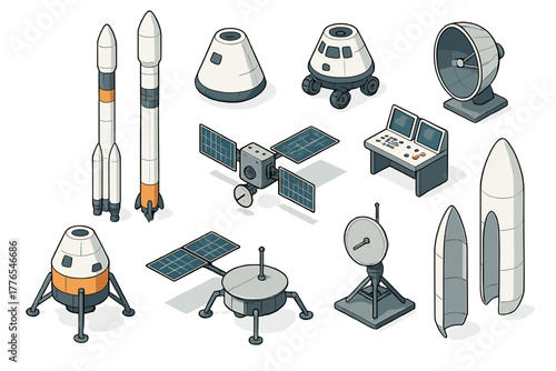 Isometric set of space technology elements: rockets, satellites, capsules, and control panel