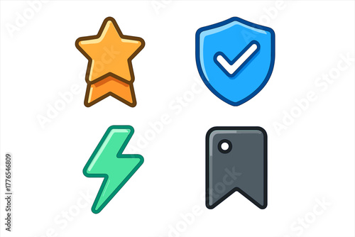 Essential user interface icons set featuring star rating, verified shield, lightning bolt, and bookmark symbol