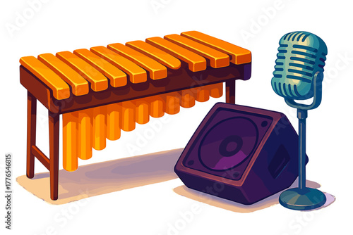 Wooden xylophone musical instrument stage monitor speaker and retro microphone setup