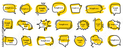 Hand drawn yellow quote bubble collection with sketch lines and dynamic shapes. Ideal for creative message and text highlights