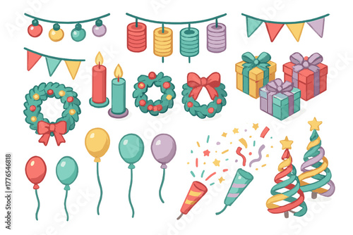 Vibrant set of festive holiday and celebration elements including wreaths, gifts, candles, and balloons