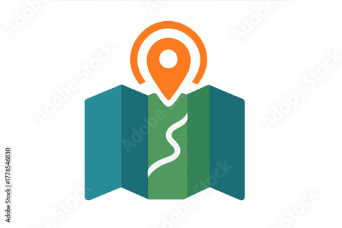 Folded paper map with a winding route line and an orange GPS location marker icon symbolizing navigation and travel planning