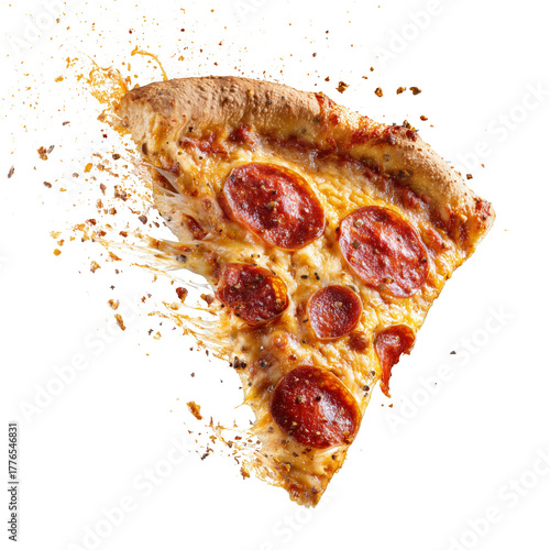 Pepperoni Pizza Slice With Melted Cheese and Fresh Toppings Floating in Mid-Air