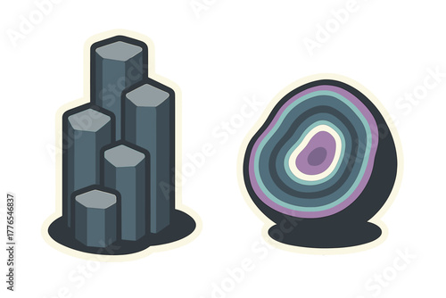 Stylized abstract natural rock formations set with hexagonal columns and layered geode cross section