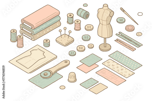 Essential sewing equipment and tailoring supplies arranged in an isometric layout
