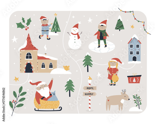 Christmas Town Map Illustration. Cute Winter Holiday Village Scene with Santa Claus, Elves, Reindeer, Snowman