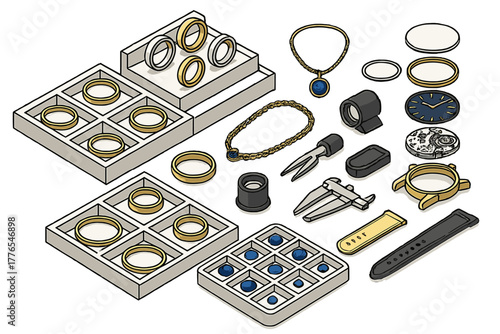 Isometric view of luxury jewelry, gold rings, necklaces, gemstones, and watch repair tools