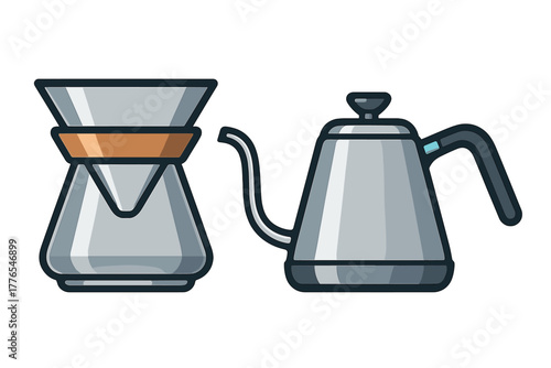 Modern pour over coffee dripper and gooseneck kettle set for manual brewing preparation