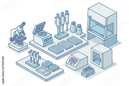 Isometric layout of biotechnology and medical research laboratory equipment and tools