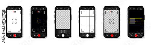Smartphone camera interface collection showing recording, focus, and panorama modes. Realistic flat screens for UI and mobile design