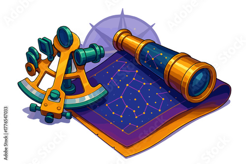 Golden sextant, telescope, and celestial map used for astronomical navigation