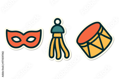 Brightly colored masquerade eye mask, decorative tassel, and festive drum in sticker style