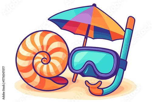 Colorful summer vacation objects: nautilus shell, snorkeling gear, and beach umbrella on sand