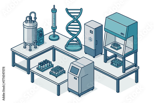 Scientific research laboratory with biotechnology equipment, chemical reactor, freezer, and DNA helix model