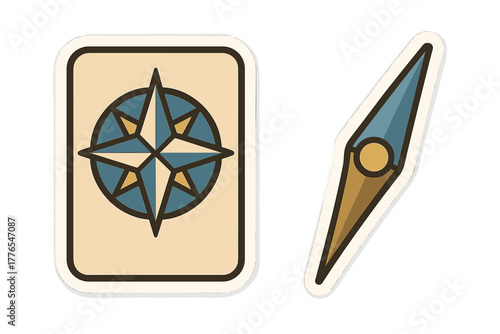 Vintage compass rose symbol and separate magnetic needle for navigation and travel