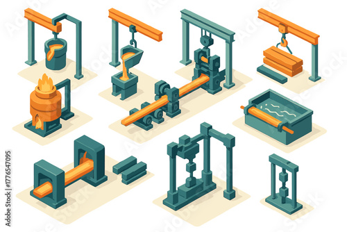 Isometric set of metal production machinery and steel manufacturing process equipment