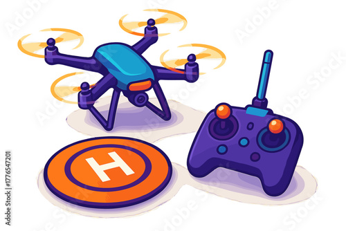 Modern quadcopter drone with remote controller and landing pad on a white background