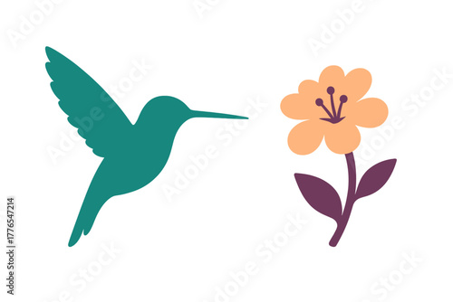 Stylized hummingbird silhouette flying near a simple blooming flower in teal and peach colors