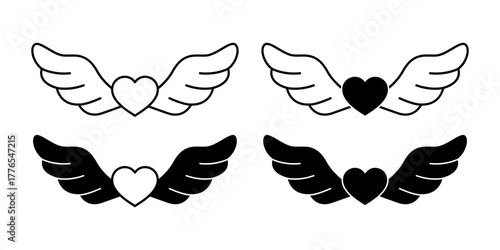 Wings Heart Black Icon Bundle for Valentine and Romantic Design
