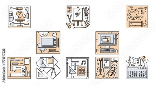 creative professions icons illustrating design music architecture and crafting skills perfect for design blogs educational materials or online tutorials.