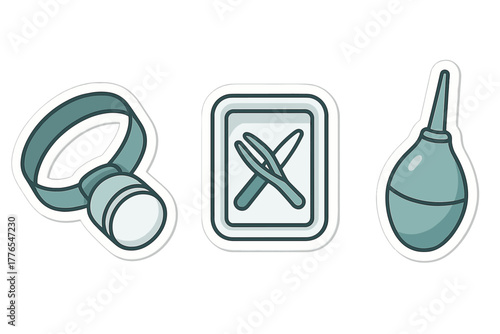 Collection of three medical tools including surgical headlamp, forceps, and rubber bulb syringe