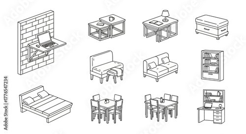 isometric furniture showcasing bed tables chairs and shelving unit designs for home interior representing modern living spaces home decor design ideas