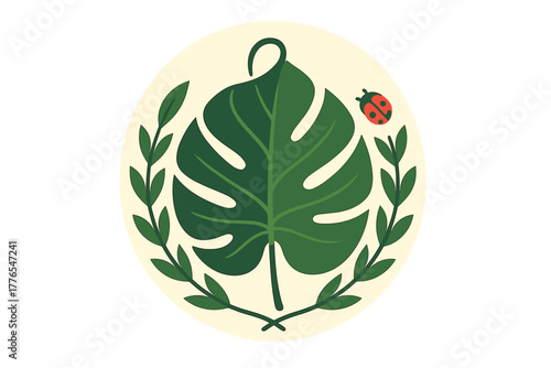 Circular emblem with stylized tropical Monstera leaf, green laurel branches, and red ladybug