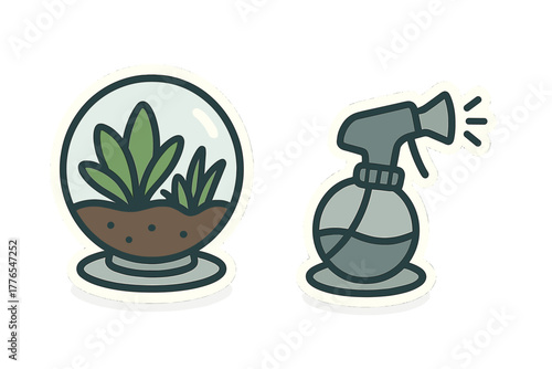 Cute cartoon stickers of a small plant terrarium and a handheld spray bottle for home gardening