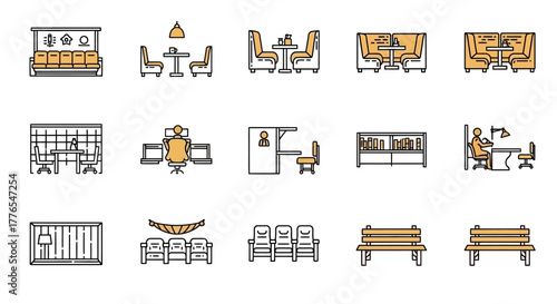 office furniture icons workspace setups for creative office layouts illustrating modern interior design for architects designing collaborative spaces