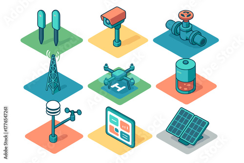 Isometric icon set for smart technology, remote monitoring, infrastructure, and renewable energy