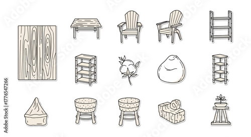 rustic furniture sticker sheet featuring an assortment of cozy indoor furnishings perfect for home decor themes and showcasing furniture design elements.