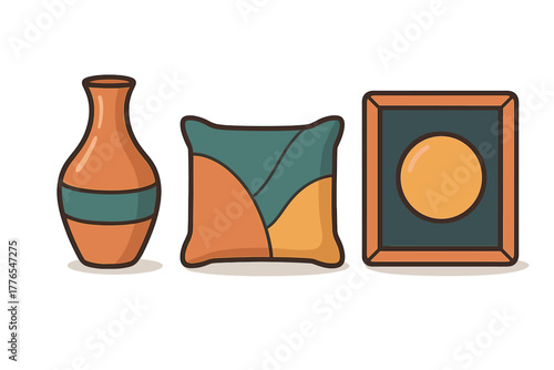 Terracotta vase with teal band, abstract patterned throw pillow, and framed artwork with orange circle