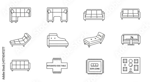 Sofa icons diverse line art of furniture design showcasing sectional sofas and chaise lounges in interior design planning and home furnishing options.