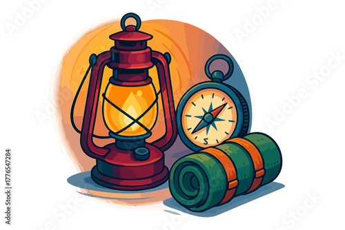 Traditional red oil lamp, magnetic compass, and rolled sleeping bag for wilderness travel
