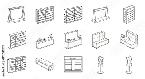 store fixtures line drawing retail displays and furniture for shop fitting showcasing layout planning for effective visual merchandising and sales area design