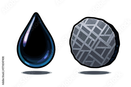 Shiny black oil drop next to a metallic meteorite cross section showing geometric pattern