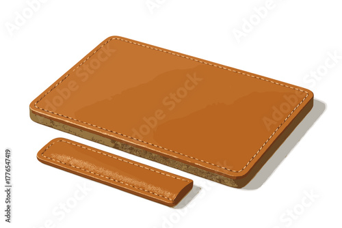 High angle view of two pieces of stitched brown leather material on a clean white background