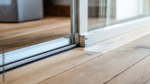 Close-up of sliding glass door hardware and rail embedded in wooden floor, highlighting craftsmanship and modern home design