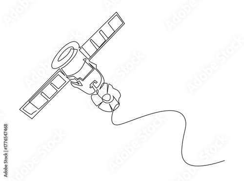 Outer Space Satellite outline draw illustration. Continuous line art drawing of Outer Space Satellite Communication. Editable stroke.