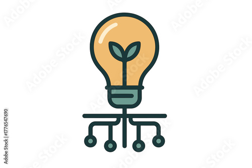 Bright idea lightbulb icon with internal plant sprout connected to a digital network system