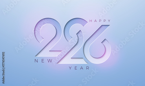 Happy New Year 2026 Greeting Card Design with Cut Out Number on Light Blue Background. Christmas Holiday Celebration Illustration with Logo Typography for Calendar, Flyer, Banner, Poster, Party