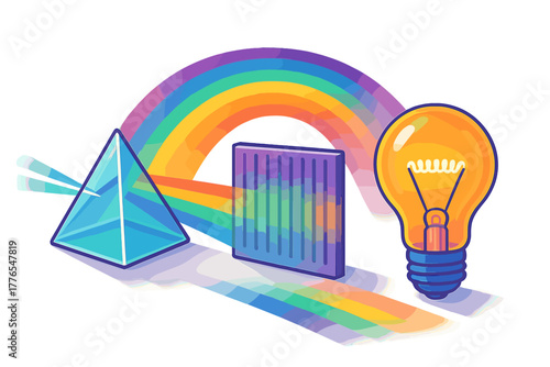 Light spectrum dispersion through a prism and diffraction grating with a glowing light bulb