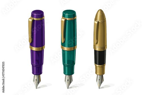 Three elegant luxury fountain pens with gold accents in vibrant purple, deep teal, and classic gold