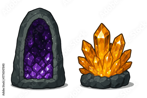 Stylized purple amethyst geode and glowing orange crystal cluster on a rock base