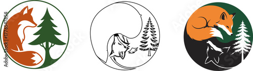 Three circular emblems featuring foxes and trees in nature scenes