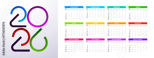 2026 Printable Calendar Design Template with Cut Out Colorful Number Symbol and Whole Annual Monthly Typography on White Background for New Year. Horizontal Schedule Planner Illustration for Wall