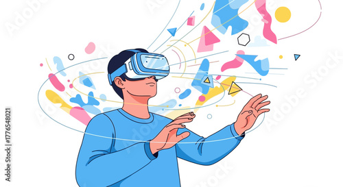 Immersive virtual reality experience with person wearing headset and abstract digital elements flowing around them, exploring future technology