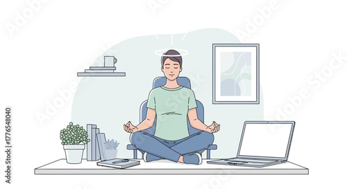 Calm man meditating at desk finding inner peace amidst busy workday, promoting mental wellness and focus in modern workspace